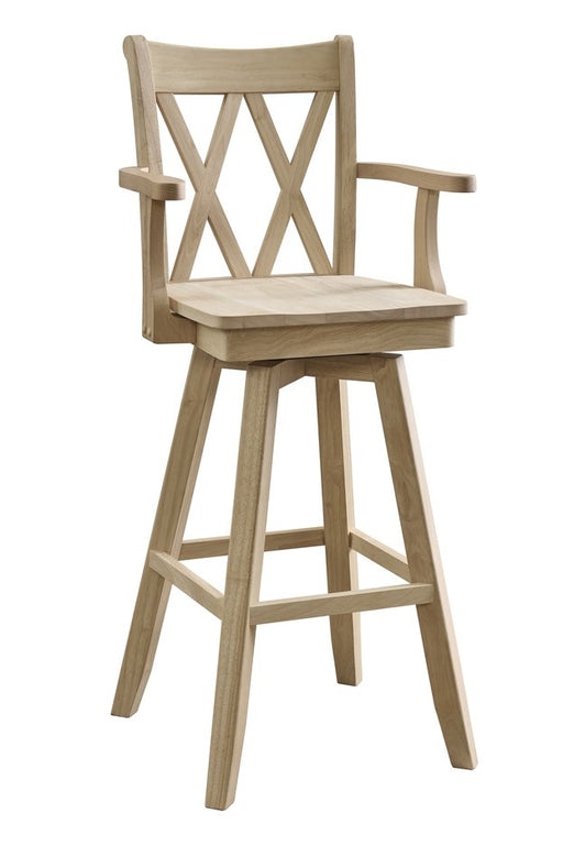 Double X Back Swivel Arm Bar Stool, unfinished, with a wood seat - Barewood