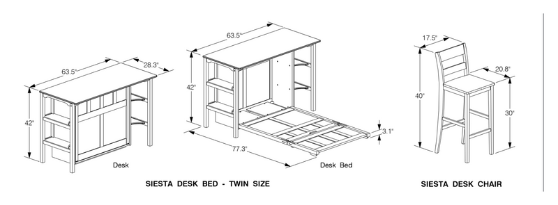 Siesta Murphy Desk Bed and stool dimensions - Barewood