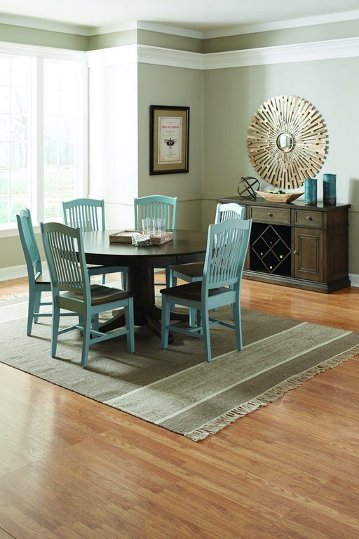 Transitional Pedestal Dining Table with Stafford Chairs custom finished in blue - Barewood