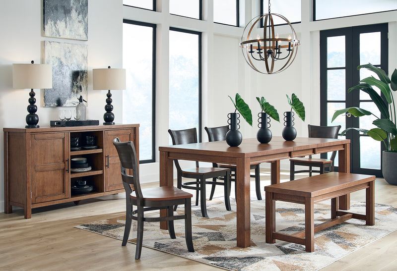 Cora Buffet in Bourbon with the Gabe Extension Dining Table, Brandy Chairs and Gabe Bench - Barewood