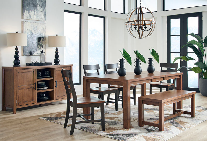Cora Buffet in Bourbon with the Gabe Extension Dining Table, Rylie Chairs and Gabe Bench - Barewood