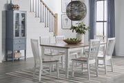 Haven Extension Dining Table in Sandstone and Chalk with Audrey chairs and the Emma Display Cabinet - Barewood