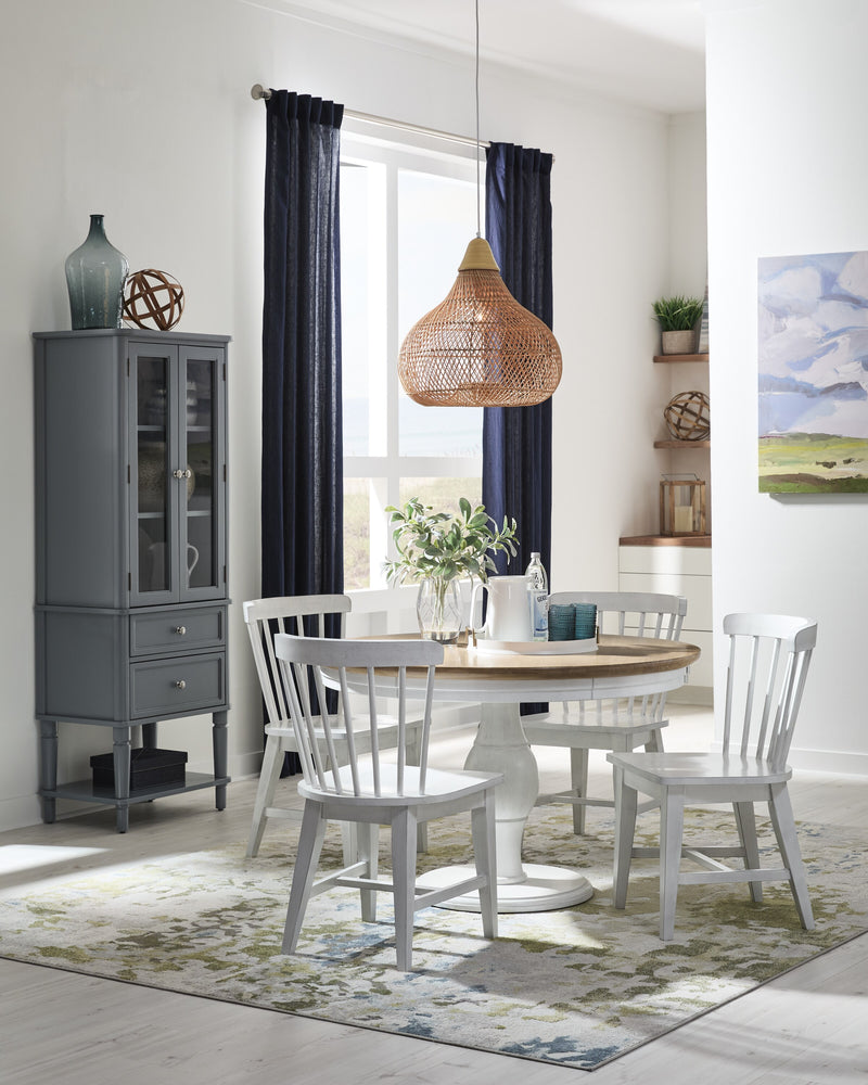 Beacon 48 inch round pedestal table in Sandstone and Chalk with Zealand chairs in Chalk and the Emma Display Cabinet in Smoke - Barewood