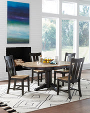 Ava Chairs in Wheat and Coal around the Rivermont round extension table - Barewood