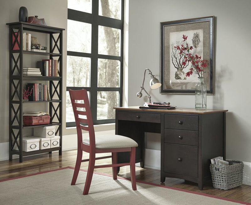 Petite Shaker Desk with a custom two-tone finish beside the X-Sided Backless Bookcase - Barewood