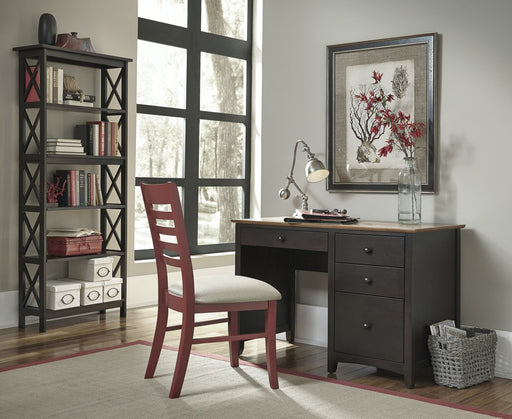 Petite Shaker Desk with a custom two-tone finish beside the X-Sided Backless Bookcase - Barewood
