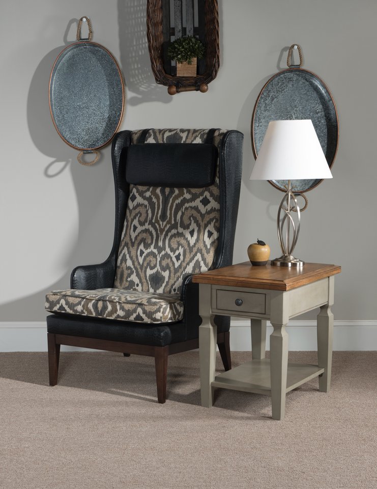 Vista End Table in Hickory and Stone beside a wing chair - Barewood