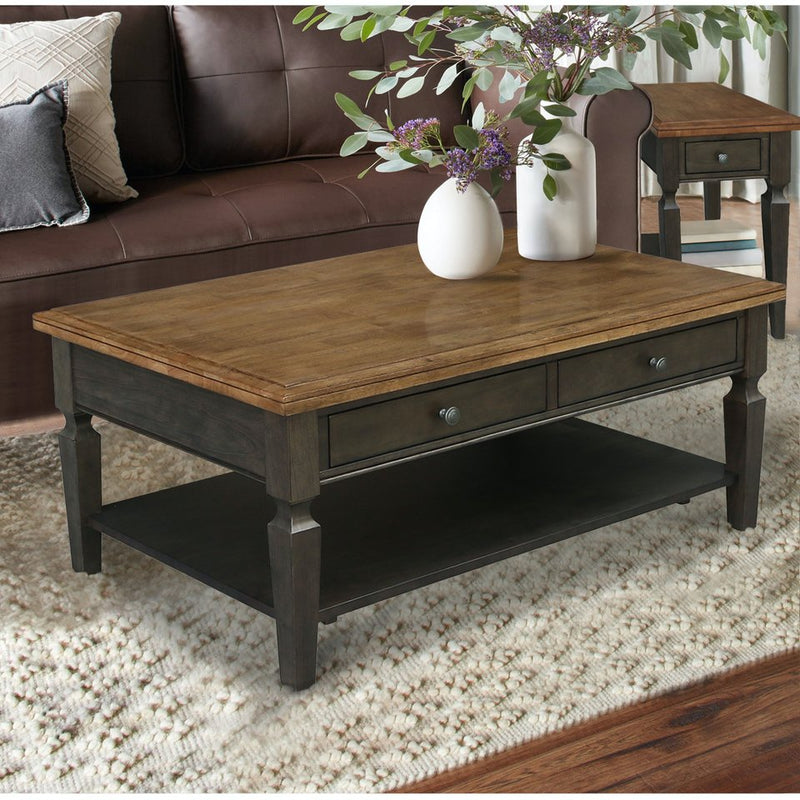 Vista Coffee Table and End Table in Hickory and Coal in a living room - Barewood