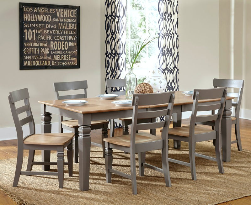 Java Ladder Back Chairs in gray with natural seats at the Java Dining Table - Barewood