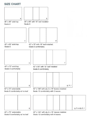 Amish Essentials dining table size chart